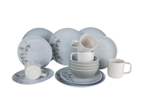 Kampa Melamin Geschirr 16tlg. Blumen grau-weiß für 4 Personen